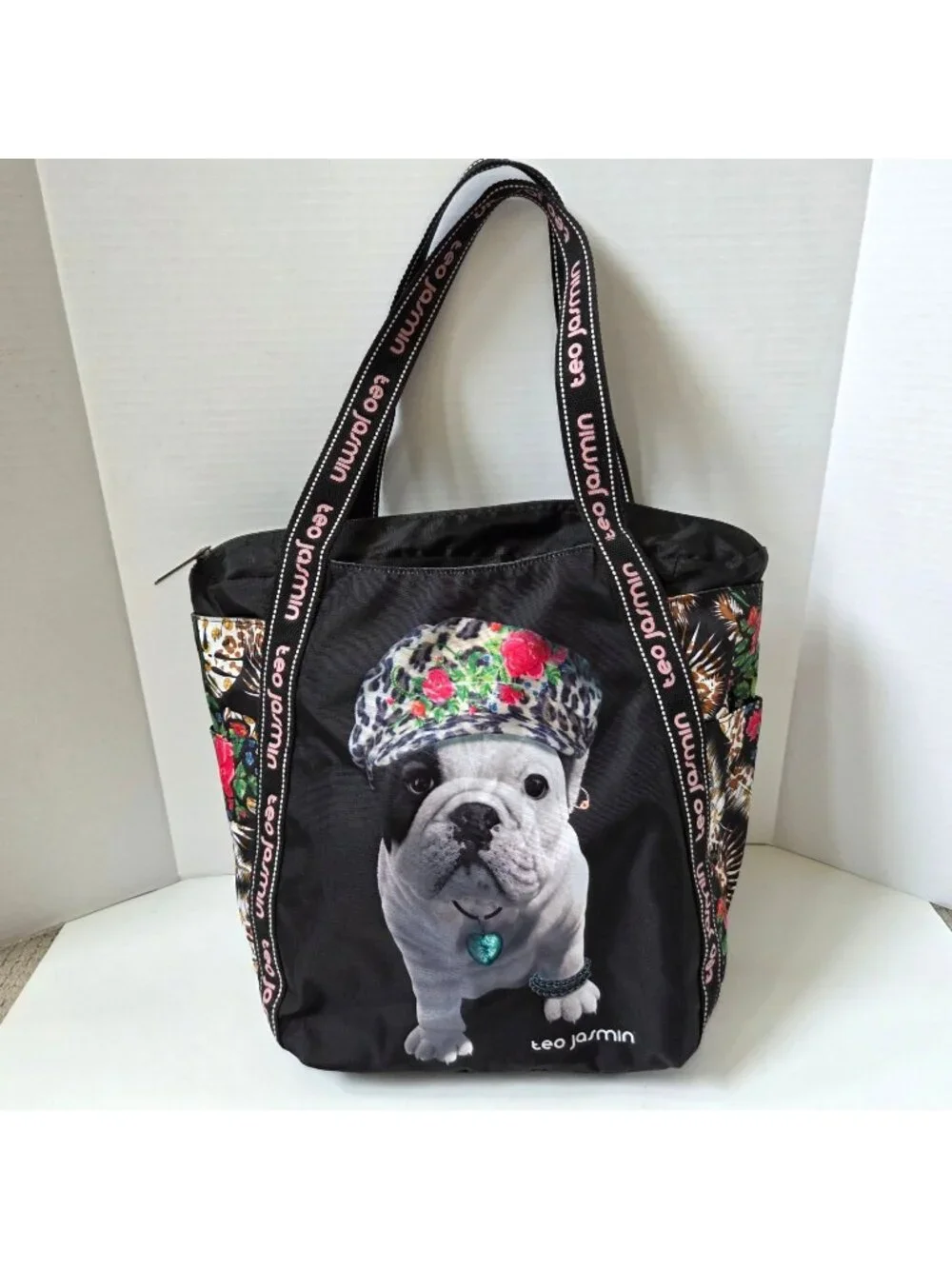 Teo Jasmin Tote Black French Bull Dog Whimsical Artsy Lightweight Zip Top Travel